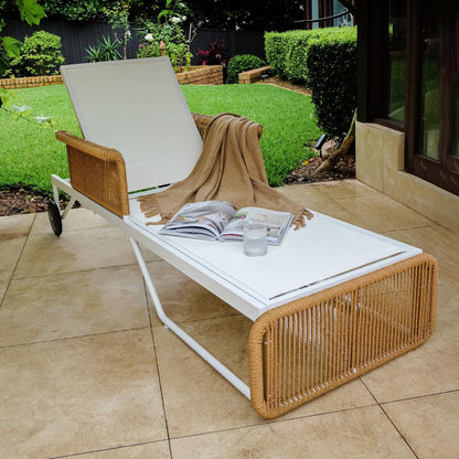 Boonoo Premium Aluminium Outdoor Rattan Sun Lounger - Cream White, featuring an adjustable reclining back, plush cushions, and a sleek aluminium frame with handwoven rattan, shown on a patio setting.