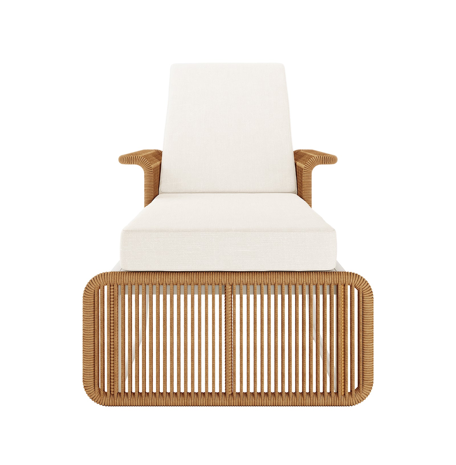 Boonoo Premium Aluminium Outdoor Rattan Sun Lounger - Cream White, featuring a sleek aluminium frame, handwoven rattan, and plush quick-dry cushions, displayed on a stylish chair for ultimate outdoor relaxation.