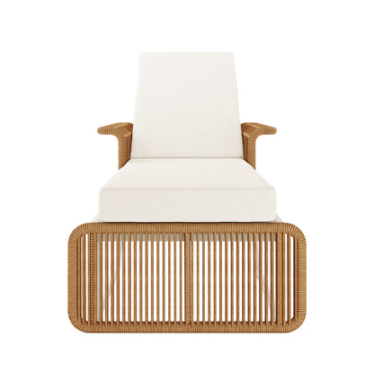 Boonoo Premium Aluminium Outdoor Rattan Sun Lounger - Cream White, featuring a sleek aluminium frame, handwoven rattan, and plush quick-dry cushions, displayed on a stylish chair for ultimate outdoor relaxation.