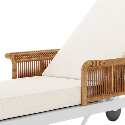Close-up of the Boonoo Premium Aluminium Outdoor Rattan Sun Lounger showcasing its sleek aluminium frame, handwoven rattan design, and plush, quick-dry cushions with adjustable reclining positions.