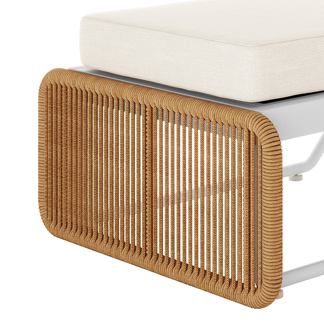 Close-up of the Boonoo Premium Aluminium Outdoor Rattan Sun Lounger, highlighting its sleek, adjustable aluminium frame and elegant handwoven rattan design, perfect for enhancing any outdoor space with luxury and comfort.