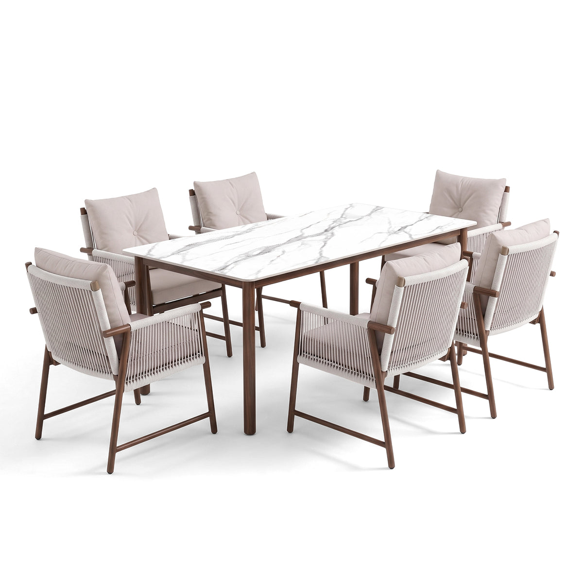 Full modern dining set with eight chairs and marble-look table on a white background