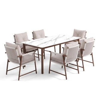 Full modern dining set with eight chairs and marble-look table on a white background