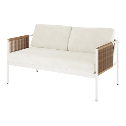 Brujas 4 Seater Wicker Outdoor Lounge Set in Light Beige features a sleek white metal frame loveseat, cream seat and back cushions, and woven rope armrests, ideal for stylish outdoor relaxation.