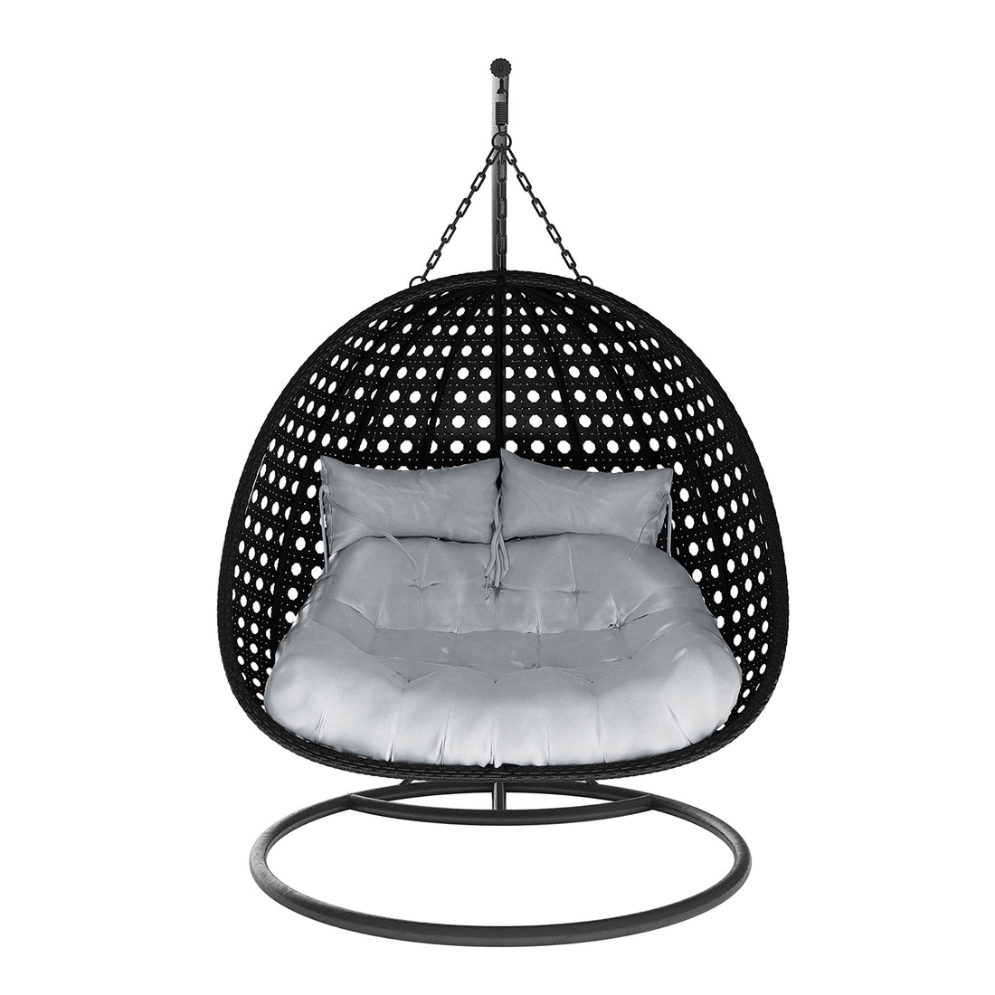 Buena 2 Person Wicker Outdoor Hanging Egg Chair in Black features a woven basket seat suspended by chains, with plush cushions, set on a round metal base and support pole.