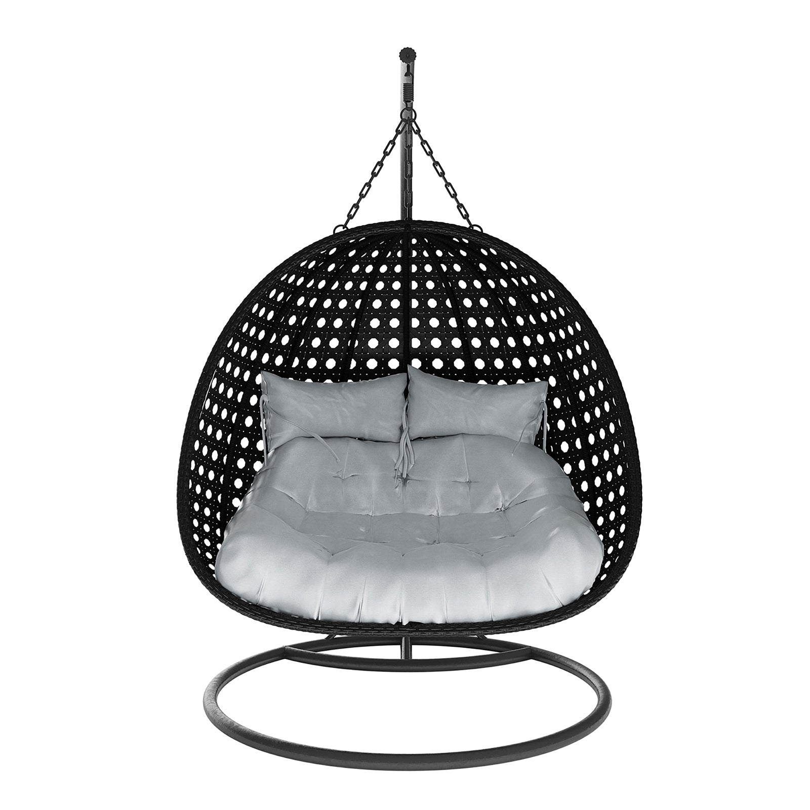 Buena 2 Person Wicker Outdoor Hanging Egg Chair in Black features a woven basket seat suspended by chains, with plush cushions, set on a round metal base and support pole.