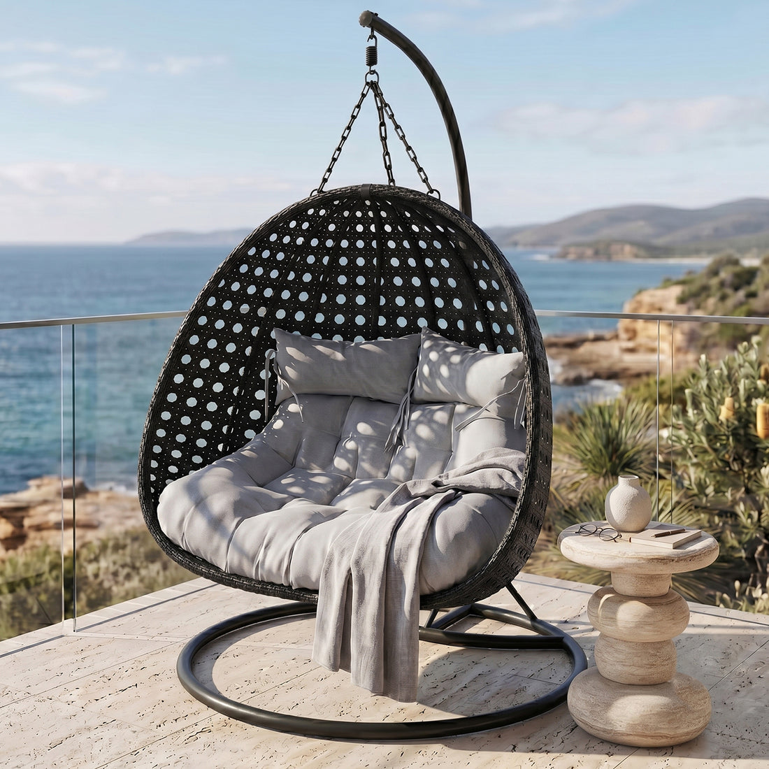 Buena 2-Seater Hanging Egg Chair with Cushion in Black