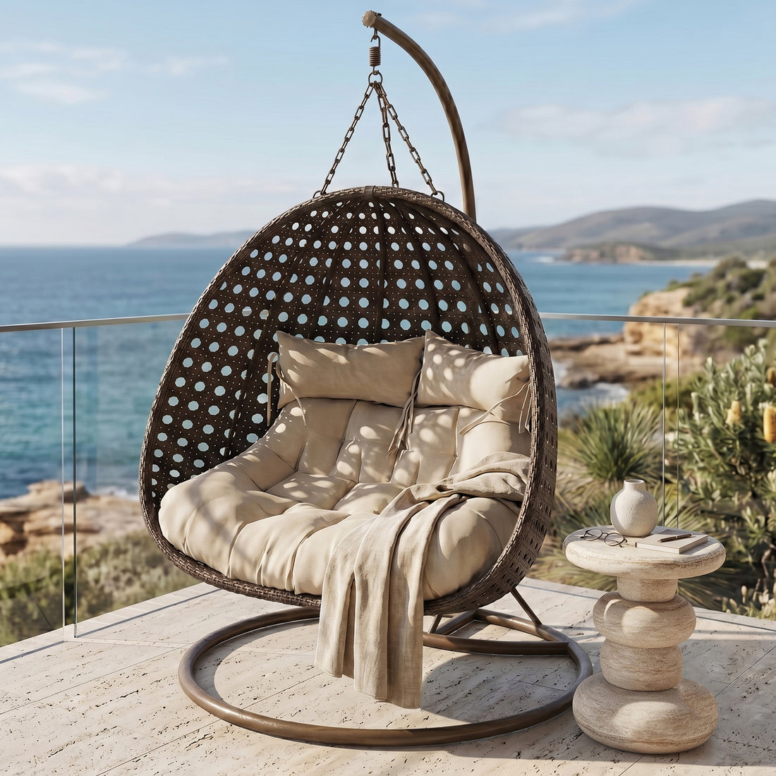 Buena 2-Seater Hanging Egg Chair with Cushion in Brown