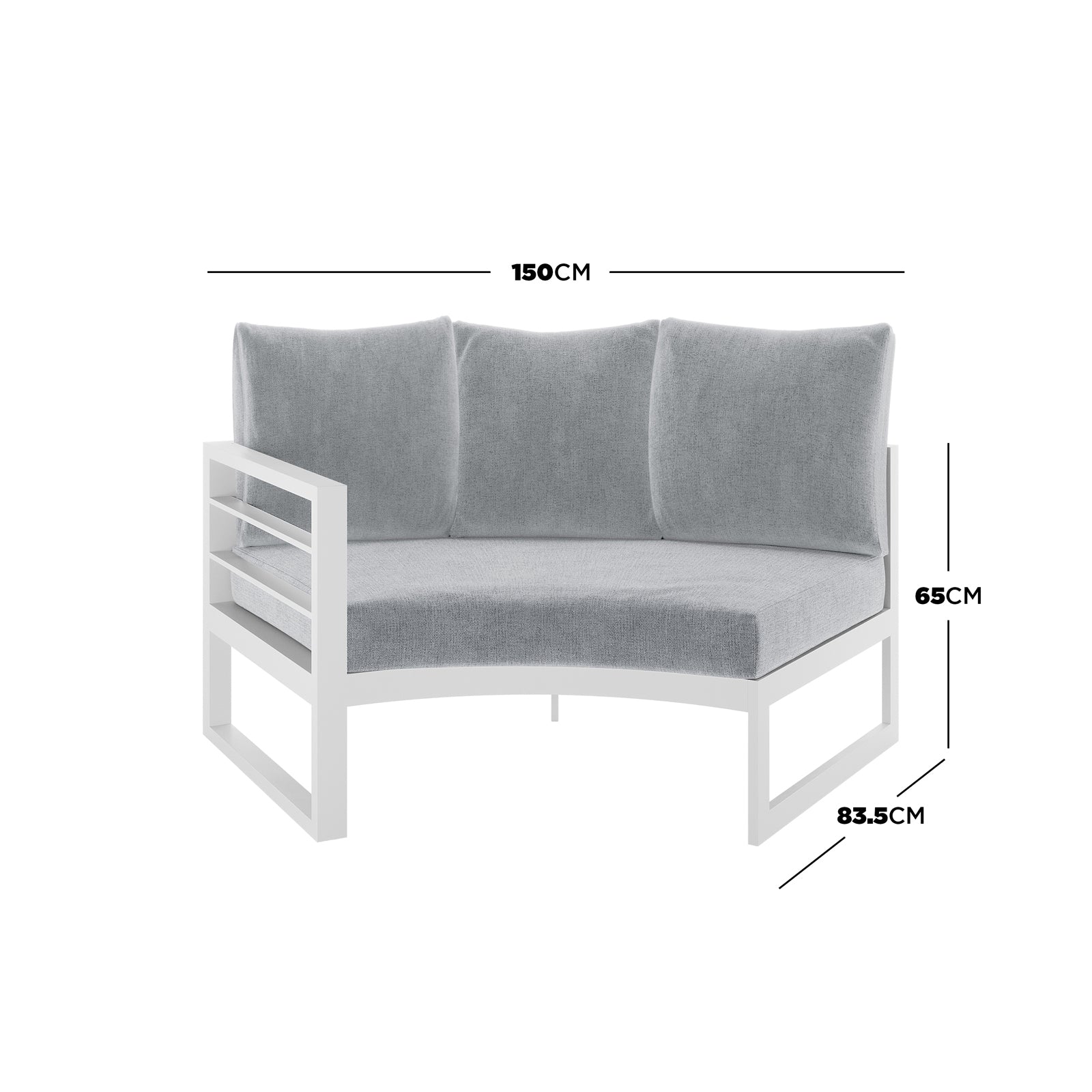 Close-up of the Callanna 5-Seater Round Modular Aluminium Outdoor Lounge Set, highlighting its intricate woven fabric cushions and sleek, arched aluminium frame, perfect for stylish outdoor relaxation.