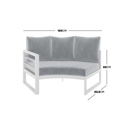 Close-up of the Callanna 5-Seater Round Modular Aluminium Outdoor Lounge Set, highlighting its intricate woven fabric cushions and sleek, arched aluminium frame, perfect for stylish outdoor relaxation.