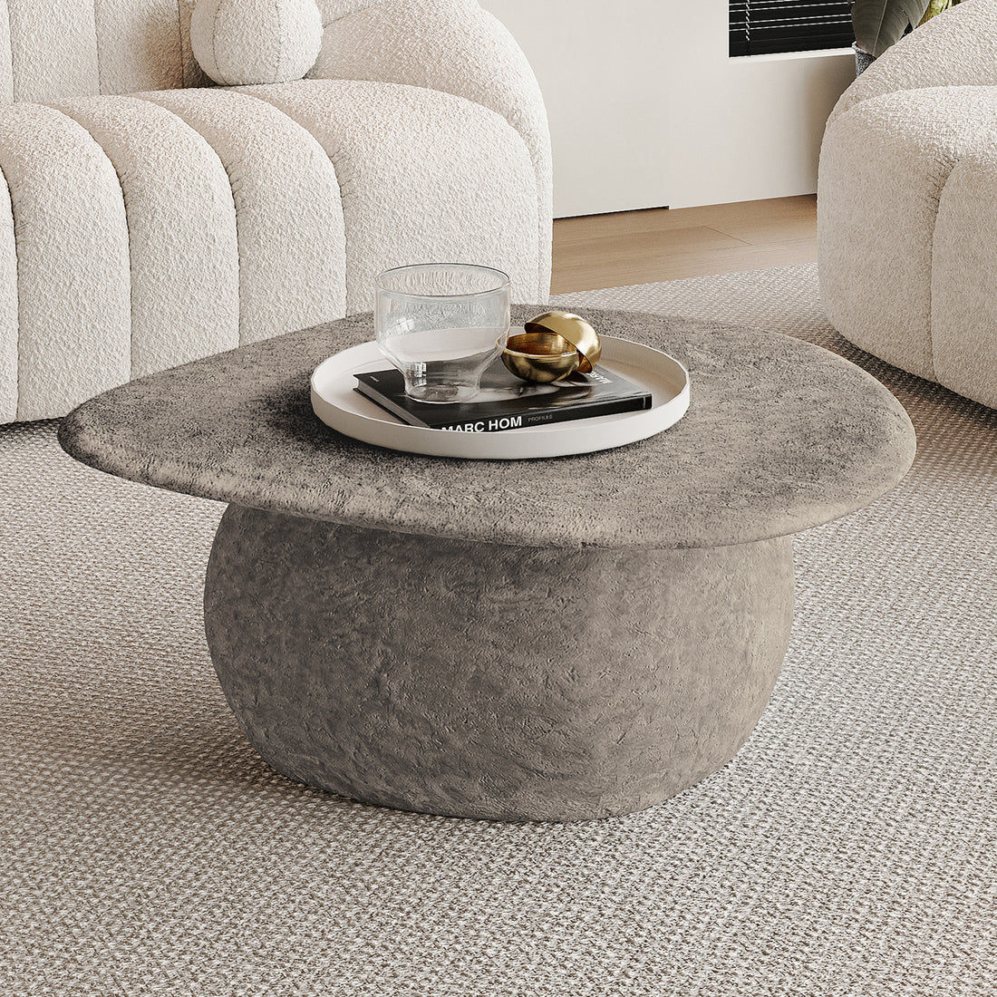 Cam Indoor & Outdoor Round Concrete Coffee Table - Stone; features a smooth, round concrete surface ideal for modern farmhouse decor, reflecting durability and style, perfect for both indoor and outdoor settings.