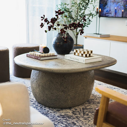 Cam Indoor & Outdoor Round Concrete Coffee Table - Stone, showcasing its round shape and textured concrete finish, situated on a coffee table with a vase, houseplant, and indoor furniture elements around it.