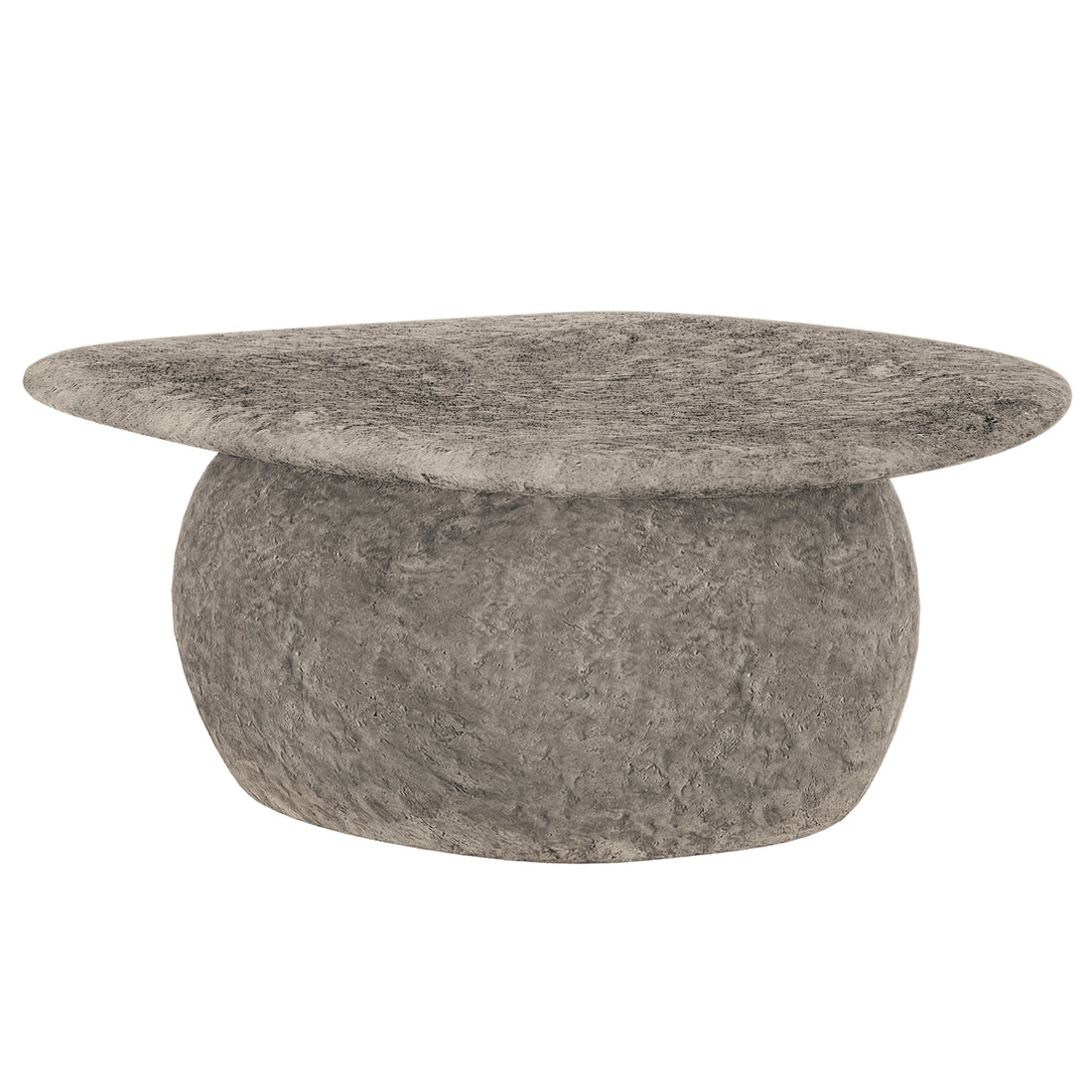 Cam Indoor & Outdoor Round Concrete Coffee Table - Stone, showcasing its organic round shape and textured concrete surface, highlighting its modern farmhouse style, durability, and suitability for indoor and outdoor use.
