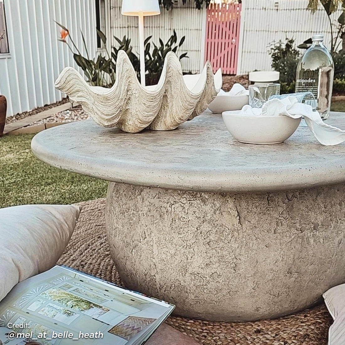 Cam Indoor & Outdoor Round Concrete Coffee Table – Stone features a sturdy, organic round design with a textured surface, showcasing its modern farmhouse appeal for both indoor and outdoor settings.