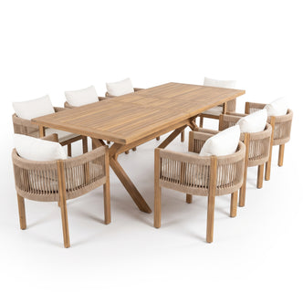 Dining table with eight chairs on a white background