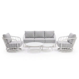 Full outdoor lounge set with sofa, armchairs, and round coffee tables on a white background