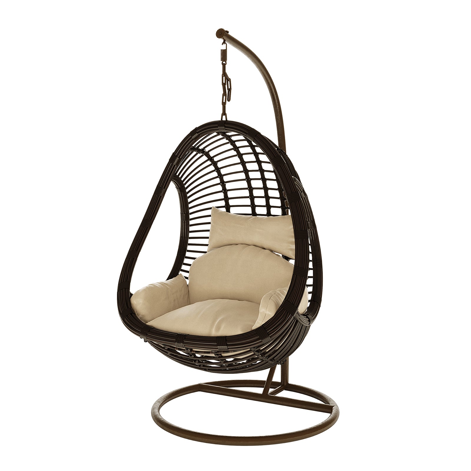 Deanna Curved Rattan Hanging Outdoor Egg Chair in Brown, featuring a woven basket on a metal stand with a beige cushion and headrest, creating a cozy, suspended lounge seat.