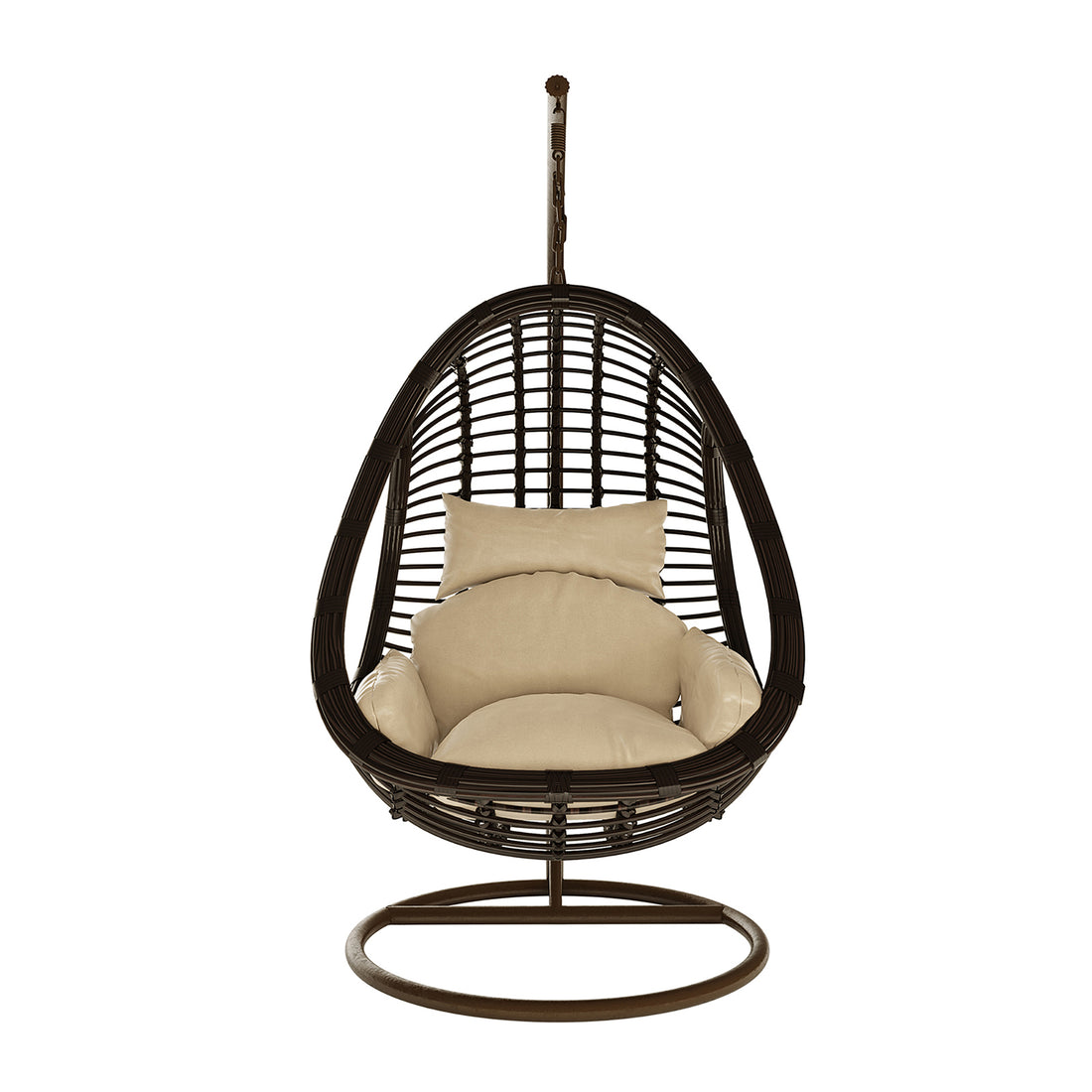 Deanna Curved Outdoor Hanging Egg Chair Brown shown with a plush cushion on a chair, emphasizing its curved design and sturdy leg, ideal for stylish, comfortable outdoor or indoor seating.