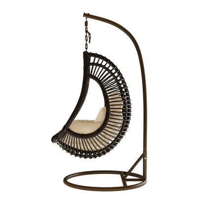 Deanna Curved Rattan Hanging Outdoor Egg Chair in Brown, featuring a woven rattan design, cushioned seat, and back pad, suspended from a sturdy metal stand, ideal for versatile indoor or outdoor use.