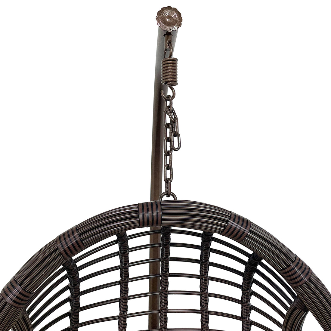 Close-up of the Deanna Curved Outdoor Hanging Egg Chair Brown, featuring a detailed view of its sturdy chain and elegant wicker basket design, emphasizing the chair's modern and versatile appeal.