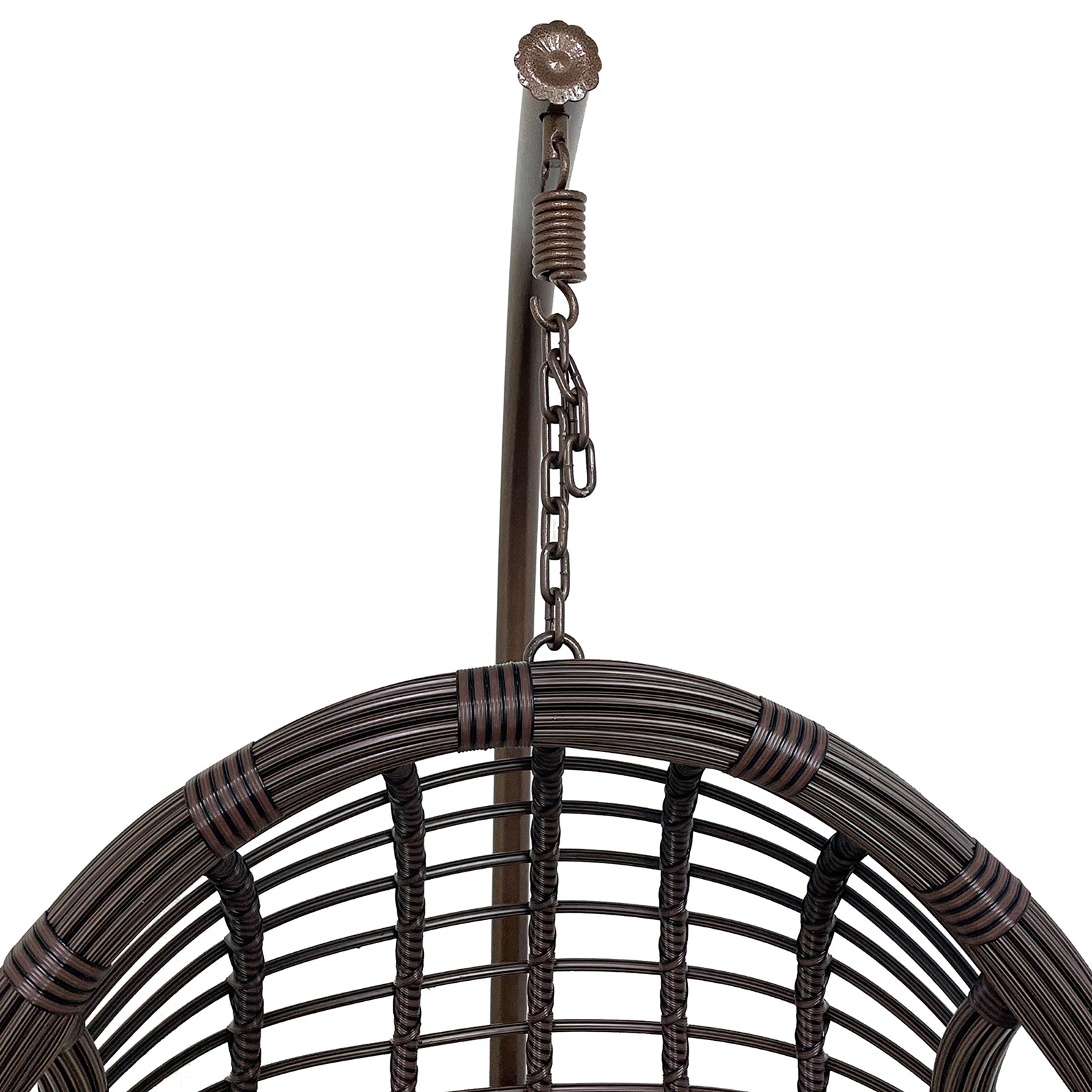 Close-up of the Deanna Curved Outdoor Hanging Egg Chair Brown, featuring a detailed view of its sturdy chain and elegant wicker basket design, emphasizing the chair's modern and versatile appeal.