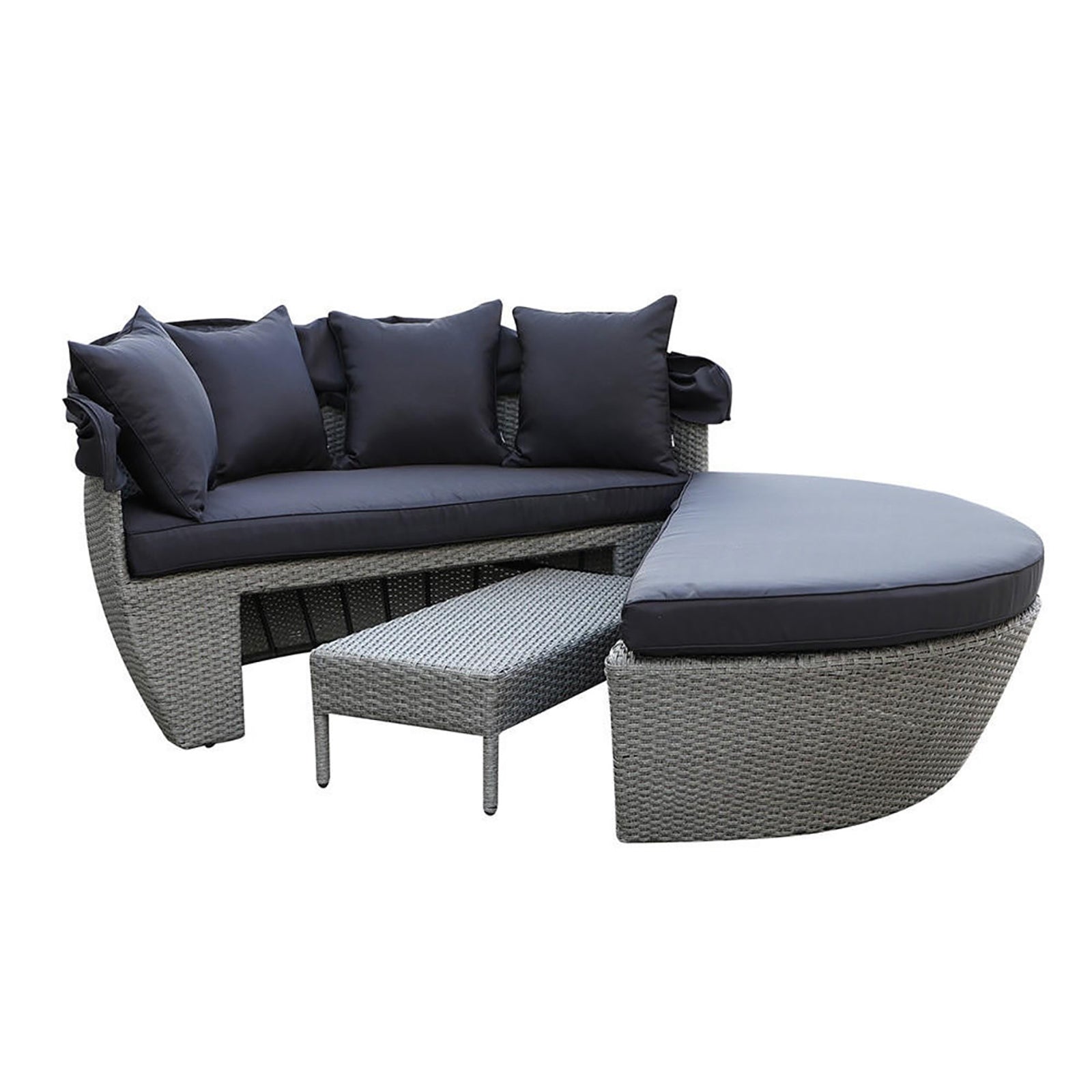Close-up of the Erith Wicker Outdoor Furniture Day Bed with Canopy, showcasing its elegant PE wicker weave, sturdy design, and plush cushions, ideal for luxurious outdoor relaxation and entertainment.
