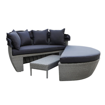 Close-up of the Erith Wicker Outdoor Furniture Day Bed with Canopy, showcasing its elegant PE wicker weave, sturdy design, and plush cushions, ideal for luxurious outdoor relaxation and entertainment.