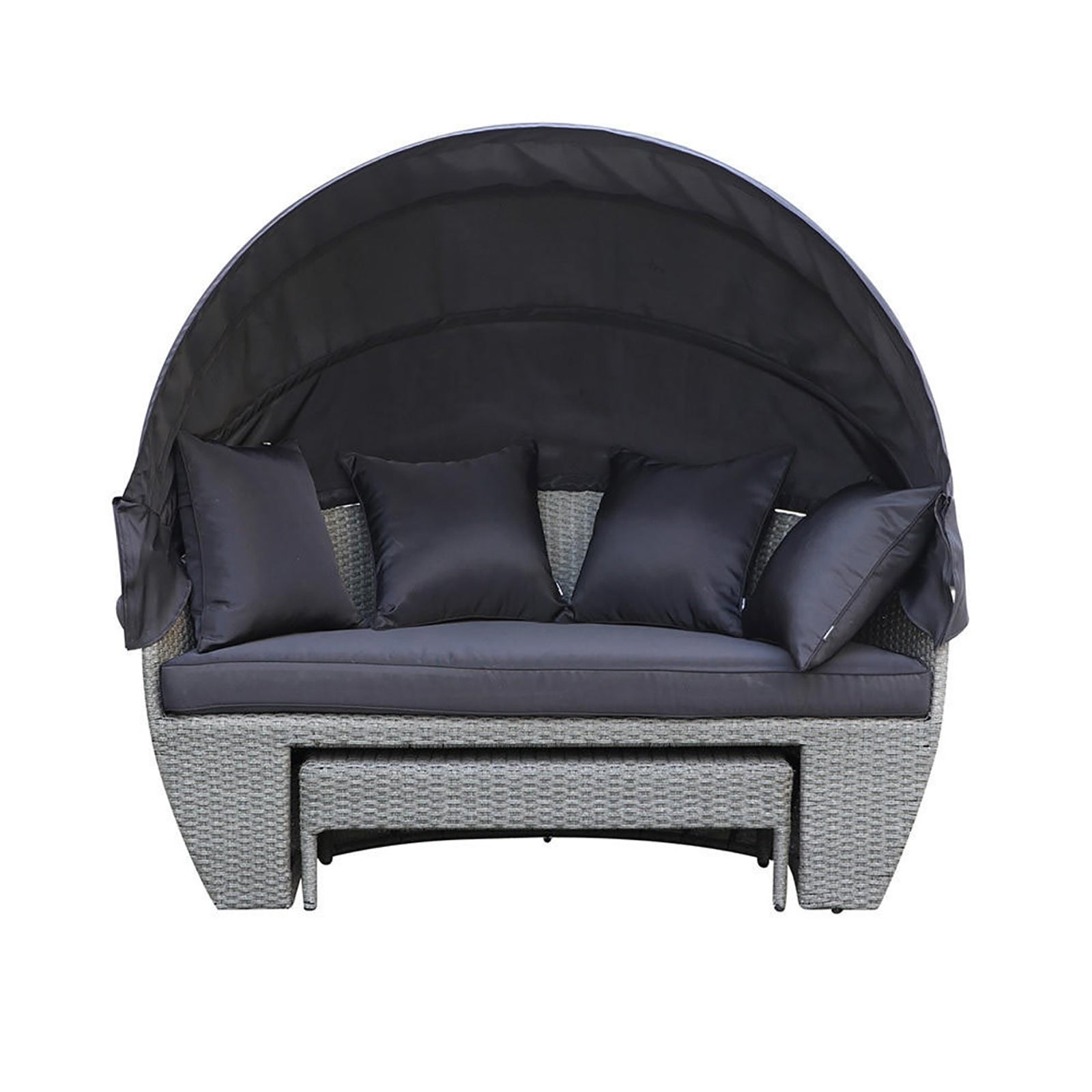Erith Wicker Outdoor Furniture Day Bed w/ Canopy Brown/Black, featuring a plush black pillow on a stylish wicker frame, complemented by a canopy for shade, displayed on a couch-style setting.