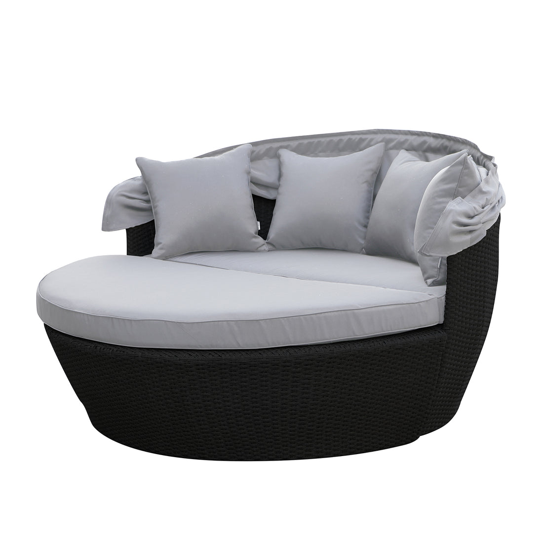 Erith Wicker Outdoor Furniture Day Bed w/ Canopy featuring a plush futon pad on a sturdy wicker frame, complemented by a protective canopy, offering a luxurious outdoor relaxation experience.