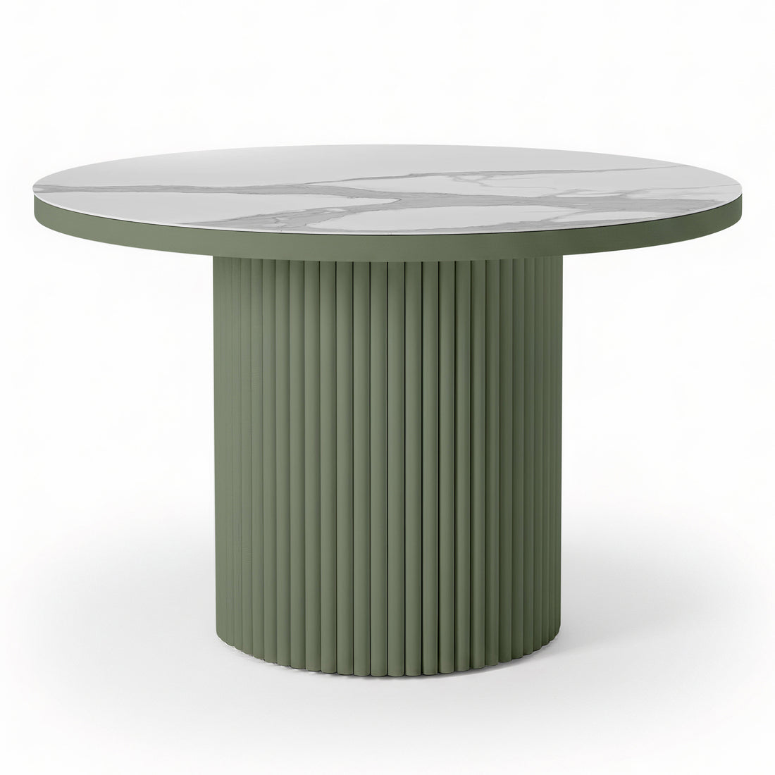 Evone 4 Seater Stone Outdoor Dining Table Set features a round white marble top with gray veining, paired with a fluted olive-green pedestal base, embodying modern elegance for alfresco dining.