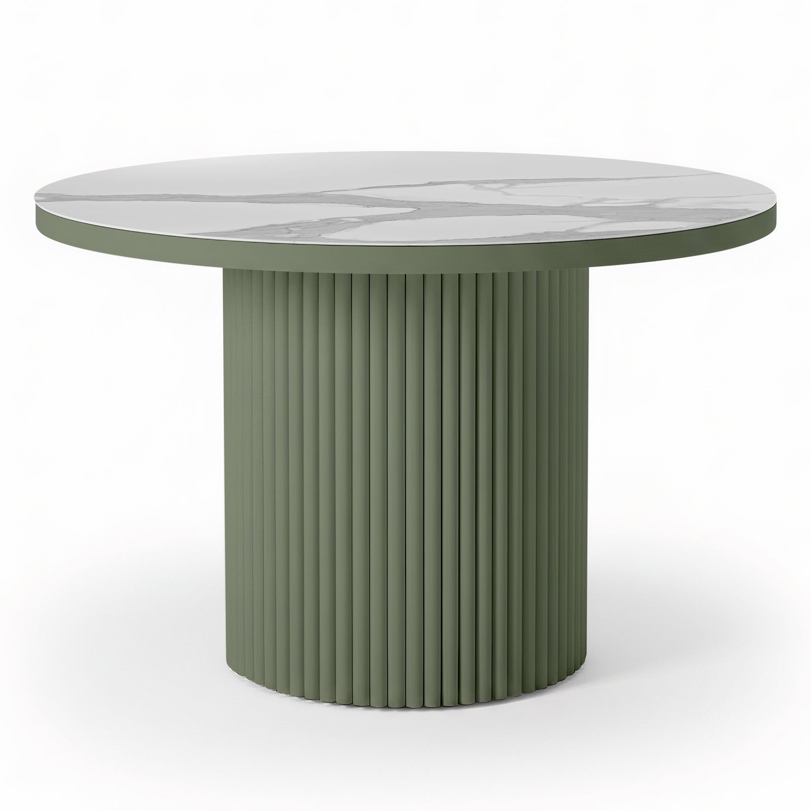 Evone 4 Seater Stone Outdoor Dining Table Set features a round white marble top with gray veining, paired with a fluted olive-green pedestal base, embodying modern elegance for alfresco dining.