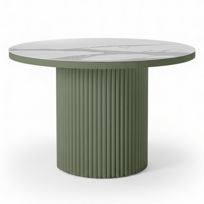 Evone 4 Seater Stone Outdoor Dining Table Set features a round white marble top with gray veining, paired with a fluted olive-green pedestal base, embodying modern elegance for alfresco dining.