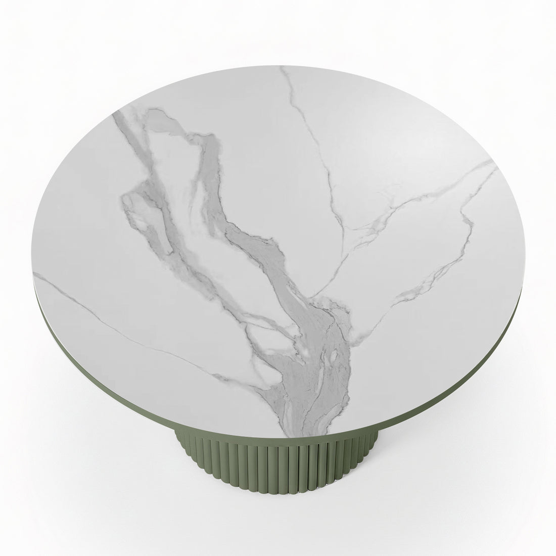 Evone 4 Seater Stone Outdoor Dining Table Set features a white marble tabletop with gray veining on a muted green, fluted pedestal base, ideal for modern outdoor dining.
