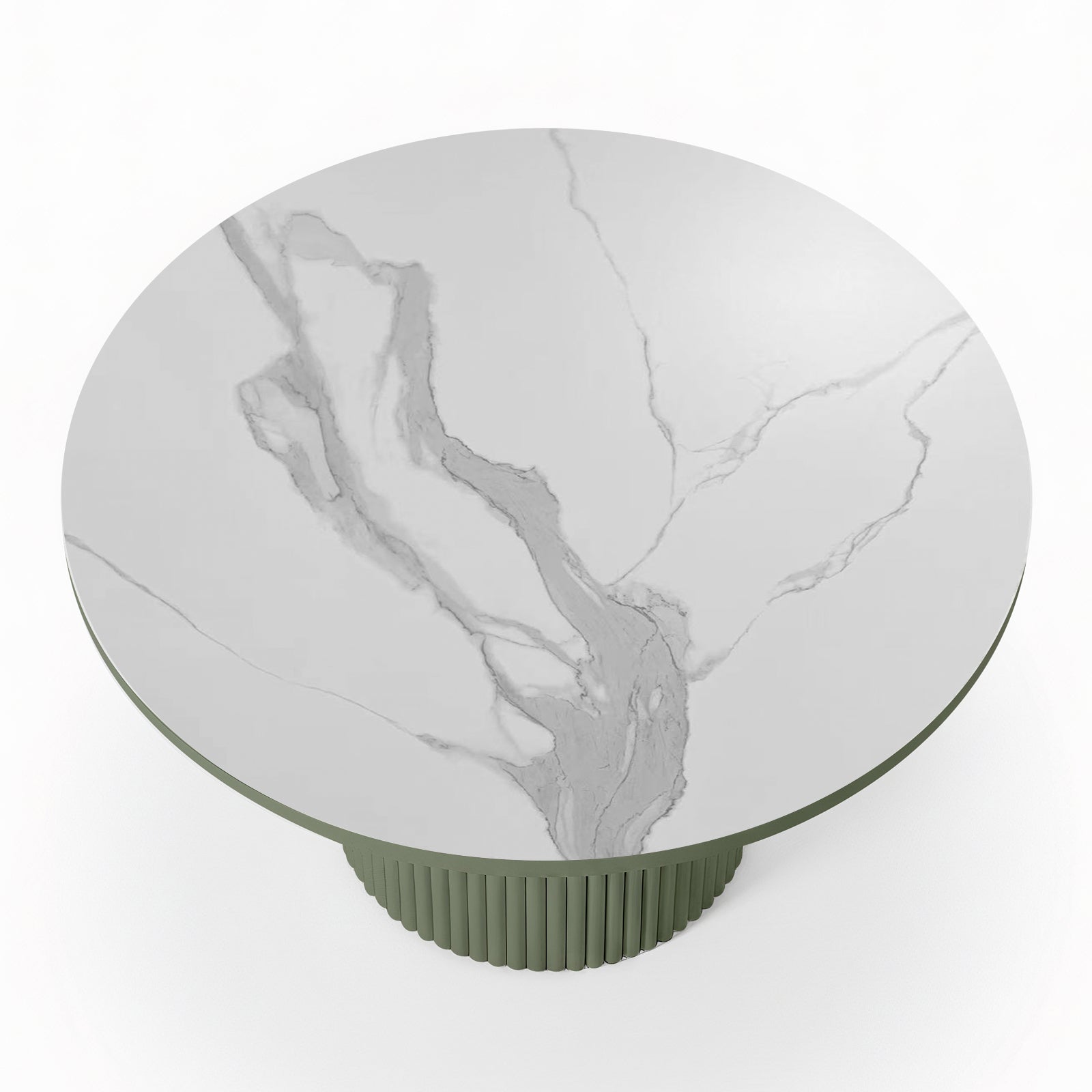 Evone 4 Seater Stone Outdoor Dining Table Set features a white marble tabletop with gray veining on a muted green, fluted pedestal base, ideal for modern outdoor dining.