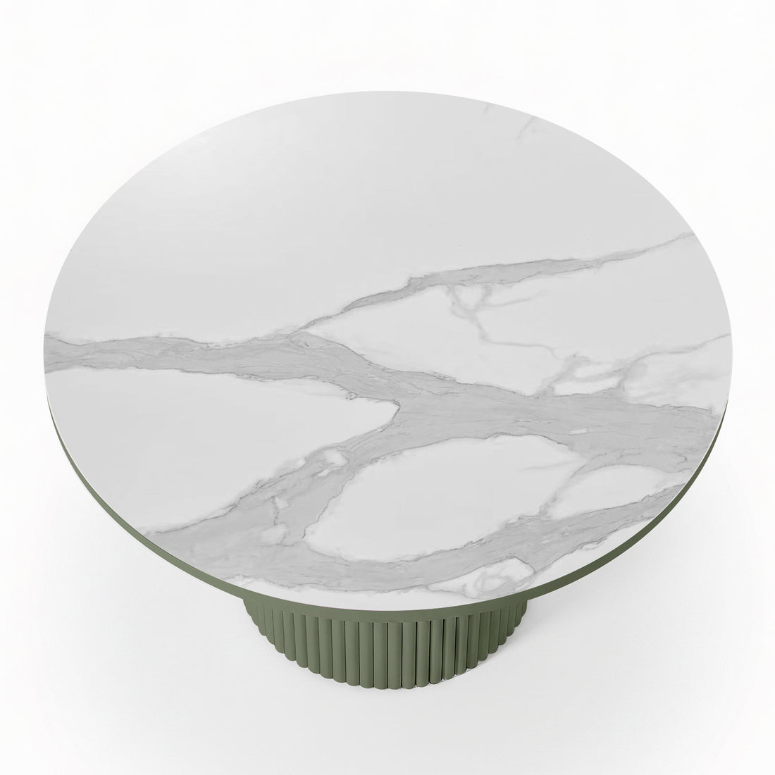 Evone 4 Seater Stone Outdoor Dining Table Set features a white marble tabletop with gray veining on a muted green, fluted pedestal base, ideal for modern outdoor dining.