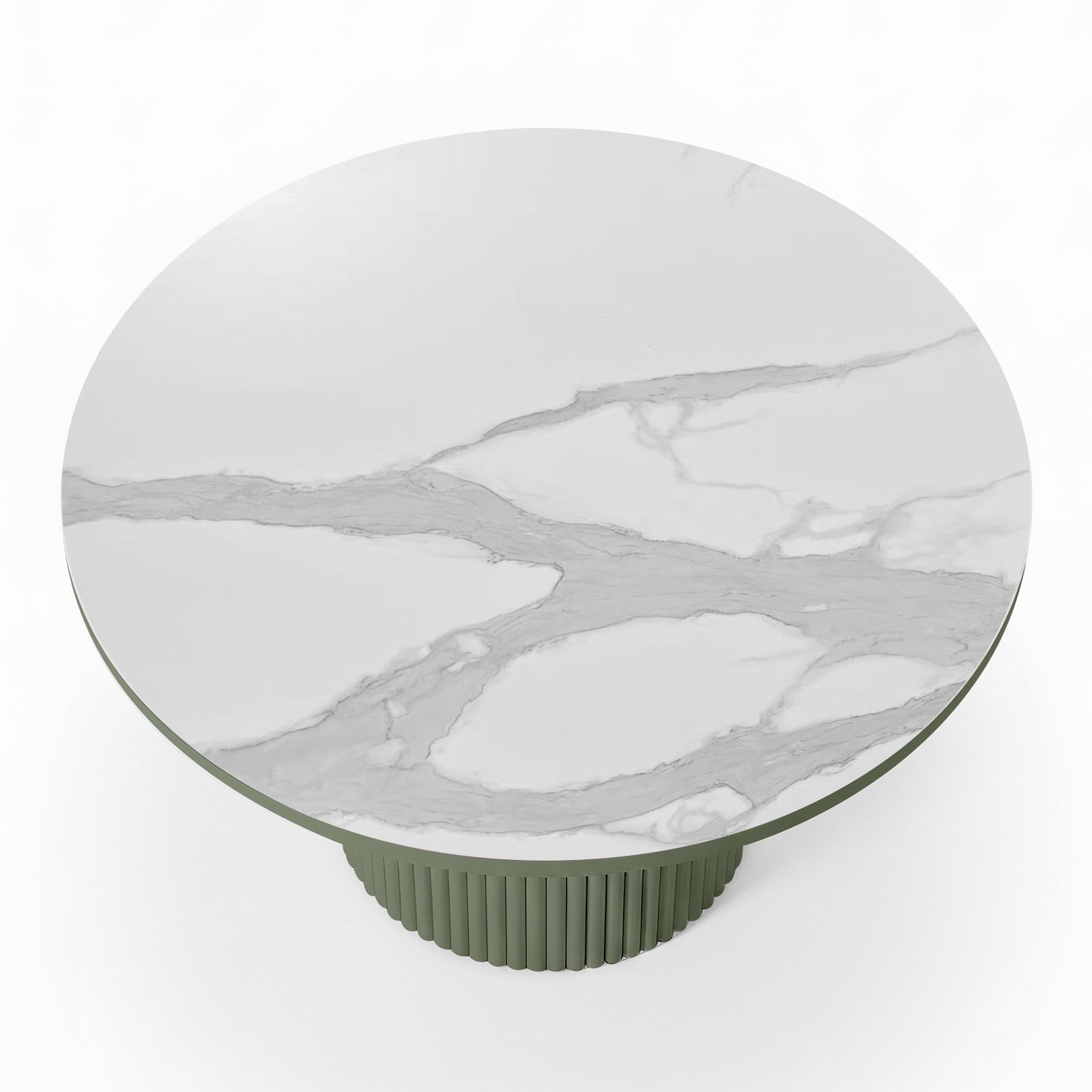 Evone 4 Seater Stone Outdoor Dining Table Set features a white marble tabletop with gray veining on a muted green, fluted pedestal base, ideal for modern outdoor dining.