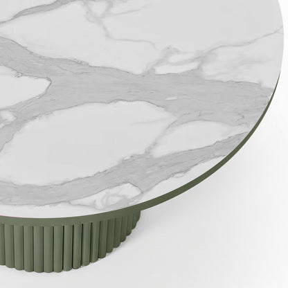 Evone 4 Seater Stone Outdoor Dining Table Set in Green, featuring a white marble-look round tabletop and a green, vertically fluted base, showcasing a modern design for stylish alfresco dining.