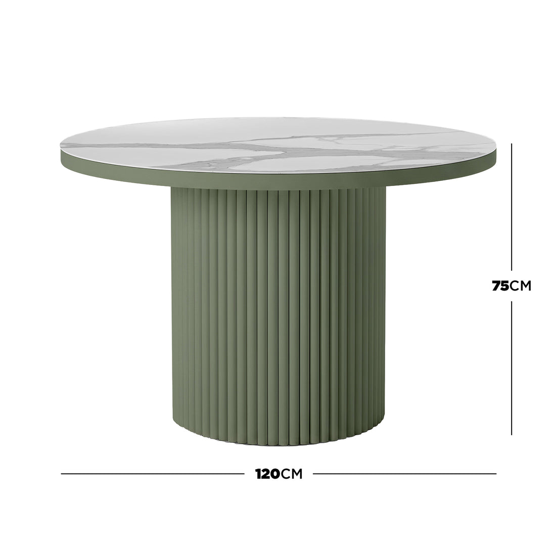 Evone 4 Seater Stone Outdoor Dining Table Set in Green, featuring a round white marble-effect tabletop with a fluted green base, offering a modern, compact design for alfresco dining.