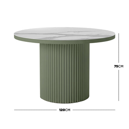 Evone 4 Seater Stone Outdoor Dining Table Set in Green, featuring a round white marble-effect tabletop with a fluted green base, offering a modern, compact design for alfresco dining.
