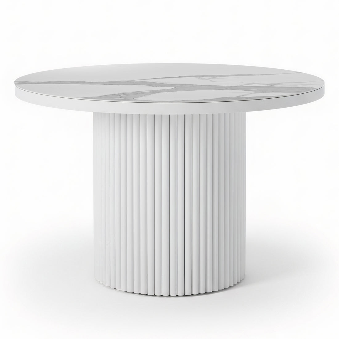 Evone 4 Seater Stone Outdoor Dining Table Set features a round white-marble-patterned tabletop on a cylindrical pedestal with vertical slats, embodying sleek modern outdoor design for compact spaces.