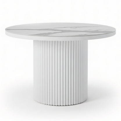 Evone 4 Seater Stone Outdoor Dining Table Set features a round white-marble-patterned tabletop on a cylindrical pedestal with vertical slats, embodying sleek modern outdoor design for compact spaces.