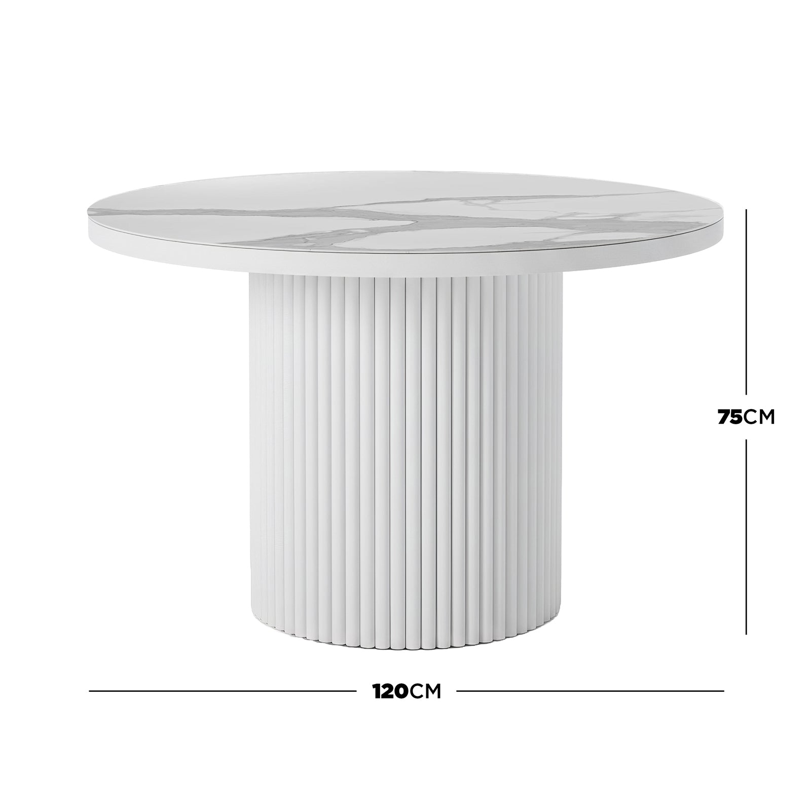 Evone 4 Seater Stone Outdoor Dining Table Set in Light Grey features a round, marble-effect tabletop with a fluted pedestal base, measuring 120 cm in diameter and 75 cm high.