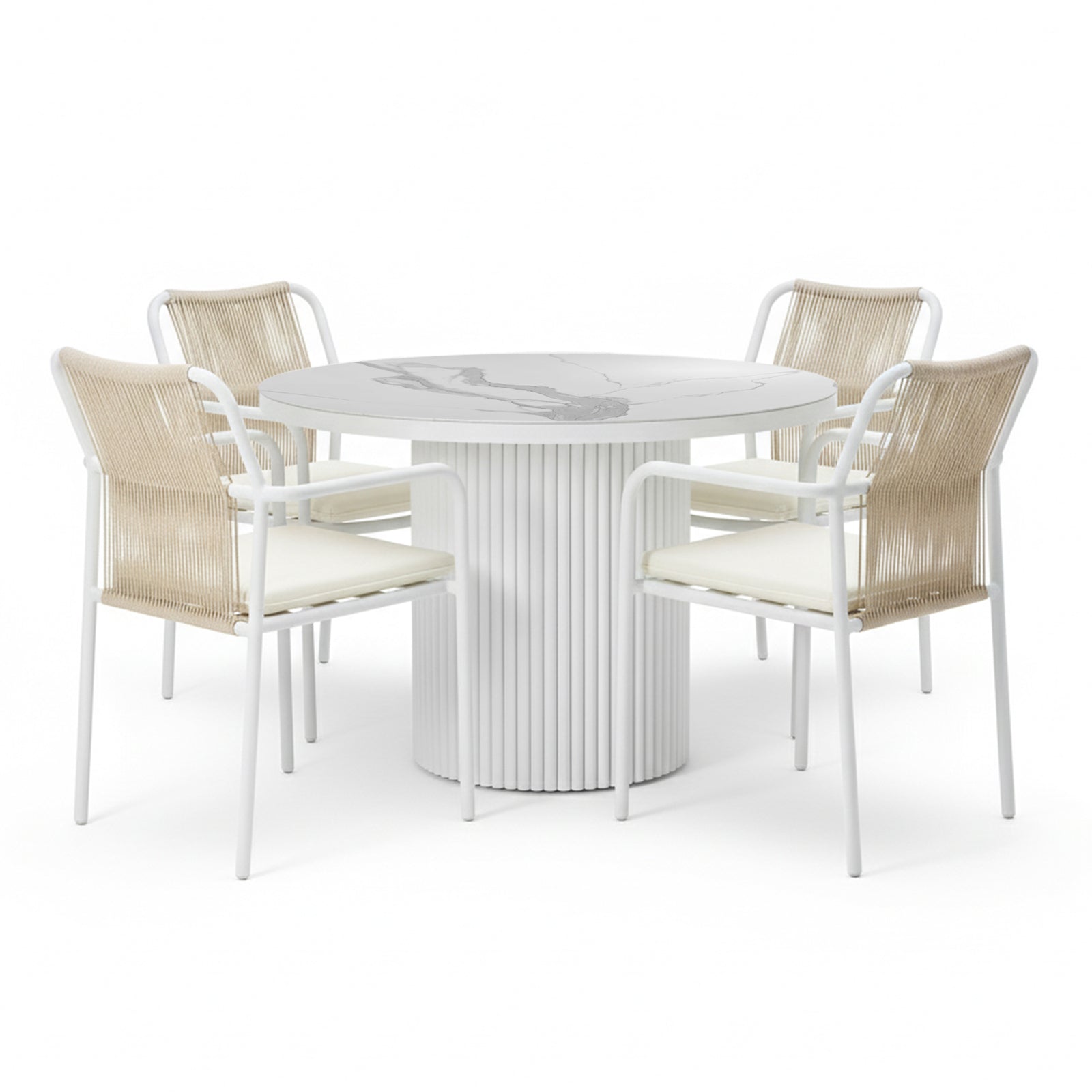 Evone 4 Seater Stone Outdoor Dining Table Set in Natural features a round, marble-look tabletop and four chairs with tan-rope backrests and light cushions, perfect for a modern patio.
