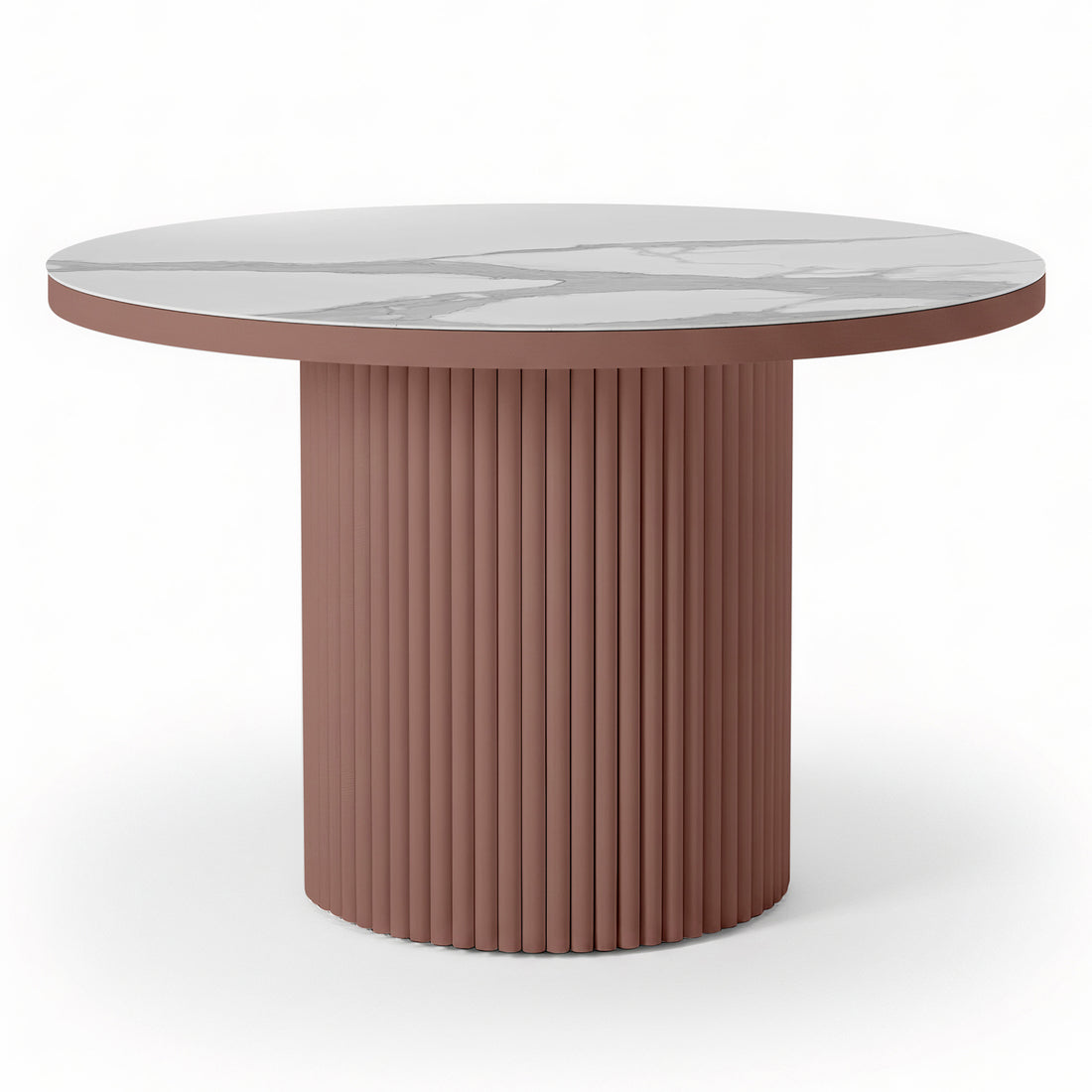 Evone Aluminium Outdoor Dining Table in Terracotta features a round white marble-look top and a fluted, cylindrical dusty-rose base, offering a contemporary, stylish look for outdoor spaces.
