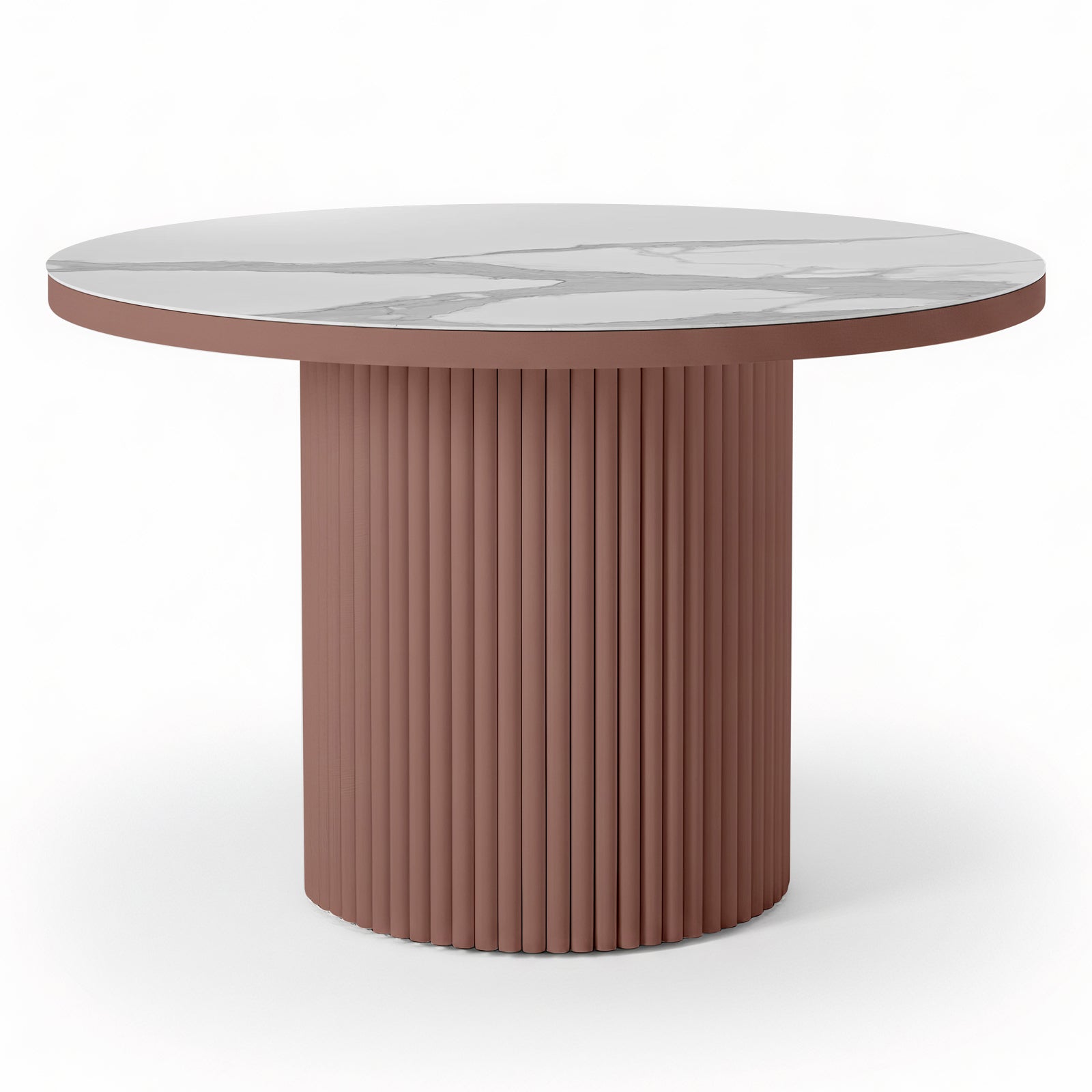 Evone Aluminium Outdoor Dining Table in Terracotta features a round white marble-look top and a fluted, cylindrical dusty-rose base, offering a contemporary, stylish look for outdoor spaces.
