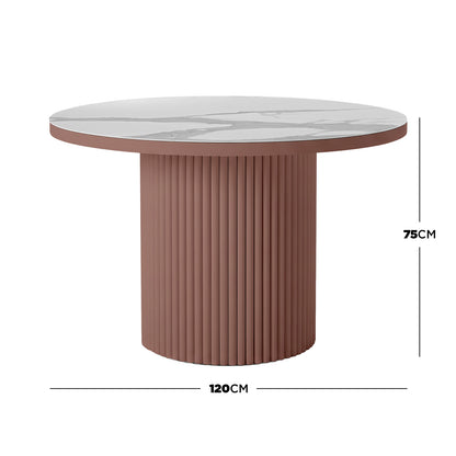 Evone Aluminium Outdoor Dining Table features a round, white marble-effect top and a terracotta fluted base, measuring 120 cm wide by 75 cm tall, ideal for stylish outdoor entertaining.