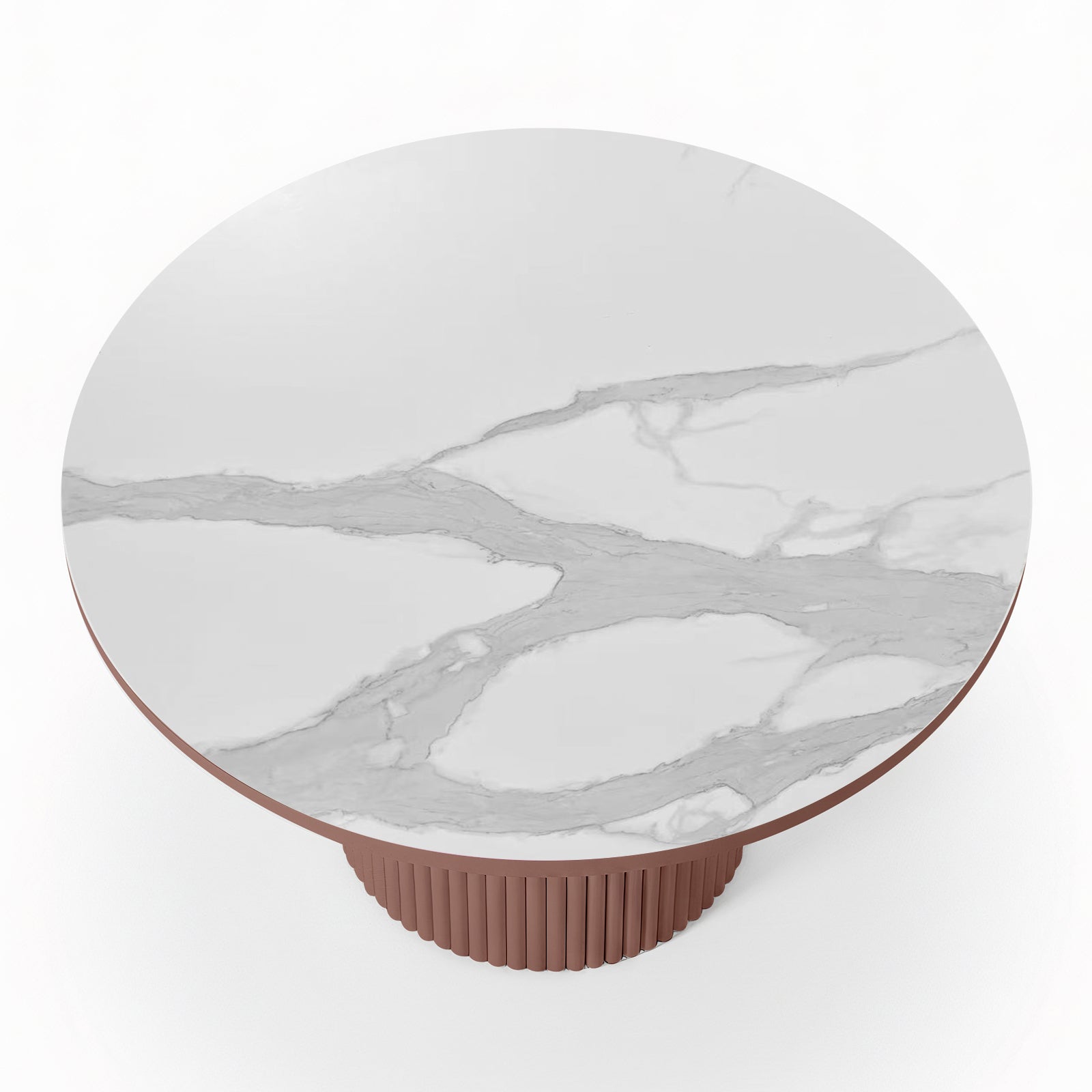 Top-down view of a round white stone dining table with grey marble-effect veining and a terracotta-colored fluted pedestal base_2