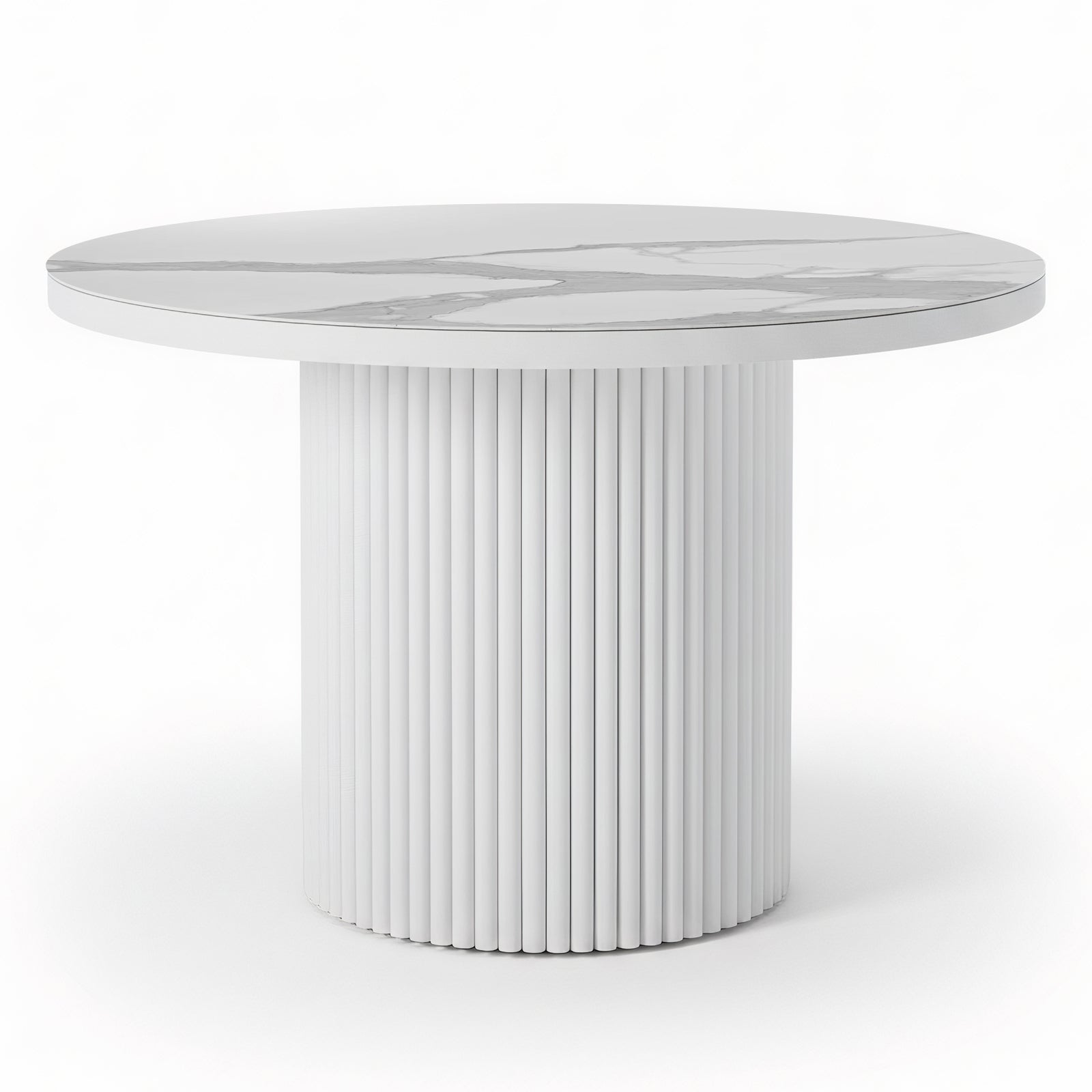 Evone Aluminium Outdoor Dining Table in white features a round white marble-look top and a fluted, cylindrical base, offering a contemporary, stylish look for outdoor spaces.