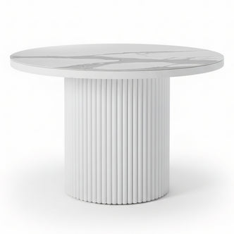 Evone Aluminium Outdoor Dining Table in white features a round white marble-look top and a fluted, cylindrical base, offering a contemporary, stylish look for outdoor spaces.