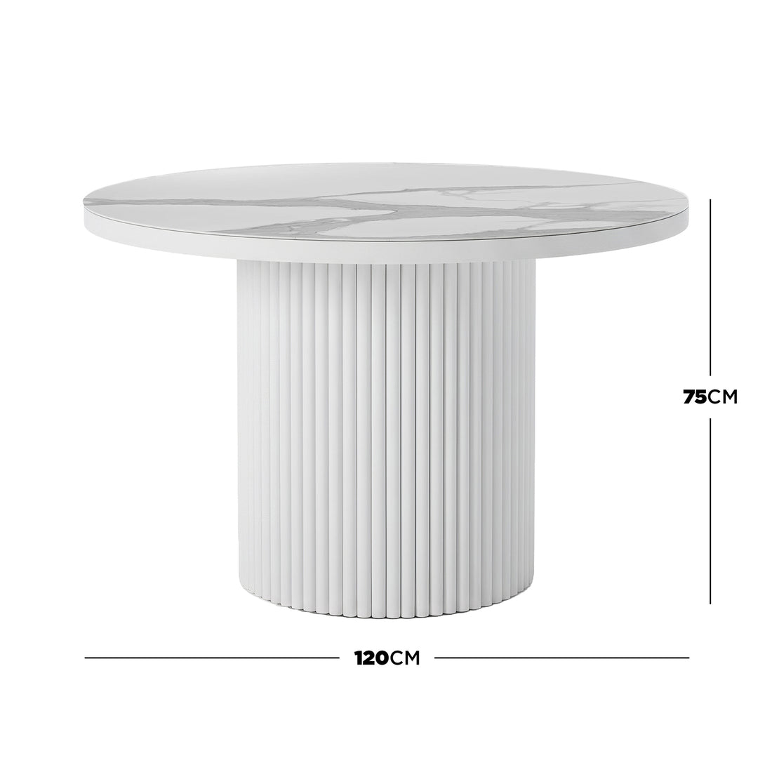 White round dining table with a 120cm marble-patterned stone top and a 75cm high fluted pedestal base.